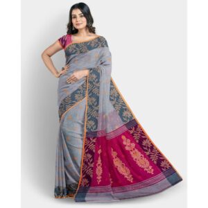 Light Grey Soft Tissue Silk Bengali Handloom Saree with Blouse Piece