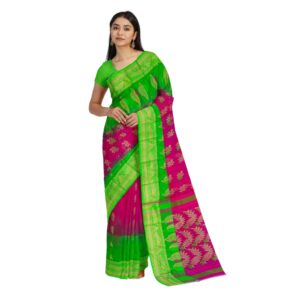Magenta Pink Tussar Silk Tant Banarasi Saree with Green Border