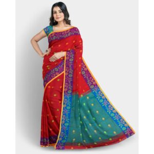 Bengali Maroon Soft Tissue Silk Tant Handloom Saree with Blouse Piece