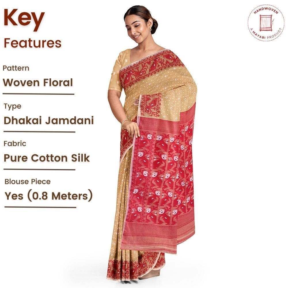 Soft Off White & Red Cotton Silk Dhakai Jamdani Saree with Blouse Piece for Puja & Festivals 3 Off White Soft Jamdani Saree with Blouse Piece