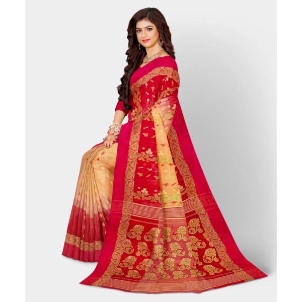 Off White and Red Bengali Tant Banarasi Saree