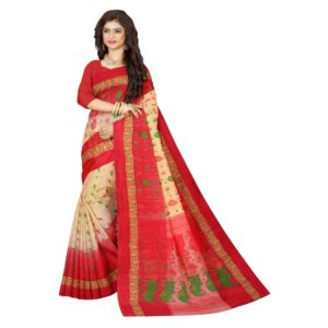 Off White and Red Tant Banarasi Saree with Red Border