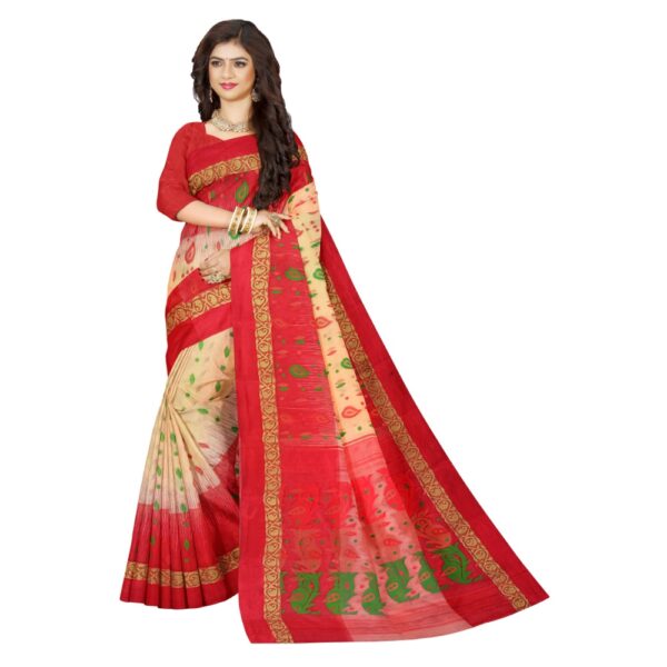 Off White and Red Tant Banarasi Saree with Red Border