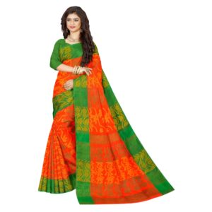 Orange Pure Cotton Tant Sari with Green Border