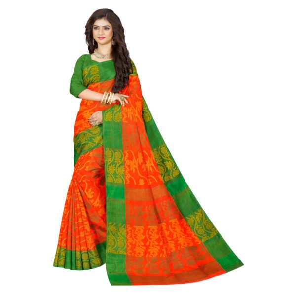 Orange Pure Cotton Tant Sari with Green Border