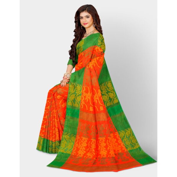 Orange Pure Cotton Tant Sari with Green Border