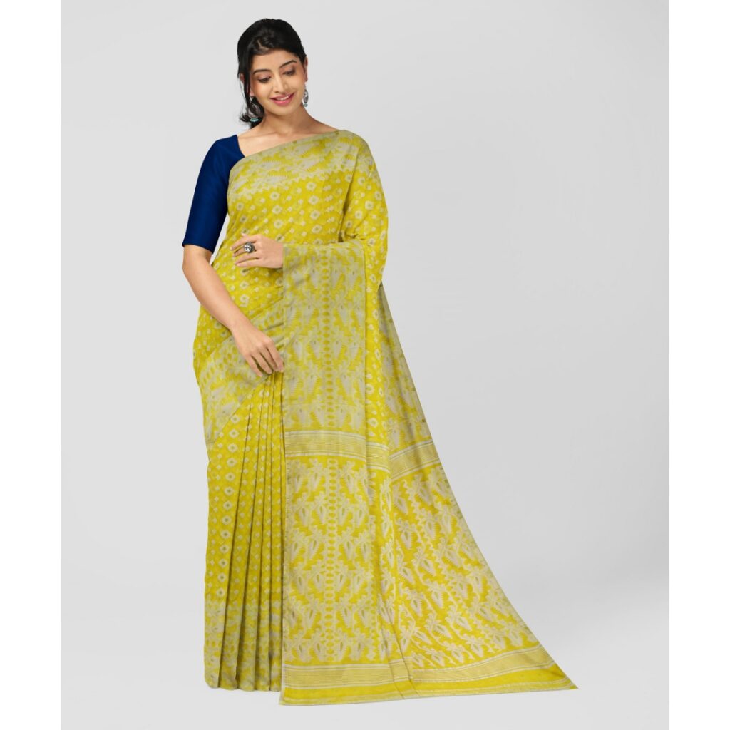 Buy Yellow Soft Dhakai Jamdani Tant Saree For Haldi