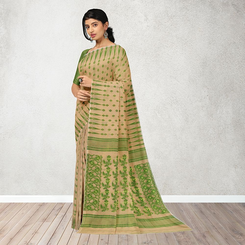 Beige Bengali Cotton Silk Dhakai Jamdani Saree with Temple Border 1 Beige Colour Dhakai Jamdani Saree from West Bengal