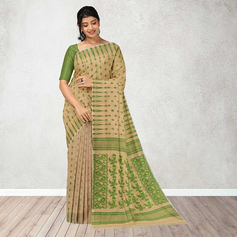 Beige Bengali Cotton Silk Dhakai Jamdani Saree with Temple Border 3 Beige Colour Dhakai Jamdani Saree from West Bengal