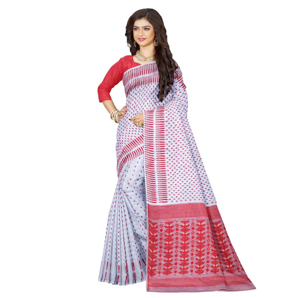 Lightweight Lal Par White Jamdani Saree for Durga Puja & Bengali Festivals 3 Lal Par Sada Dhakai Jamdani Saree