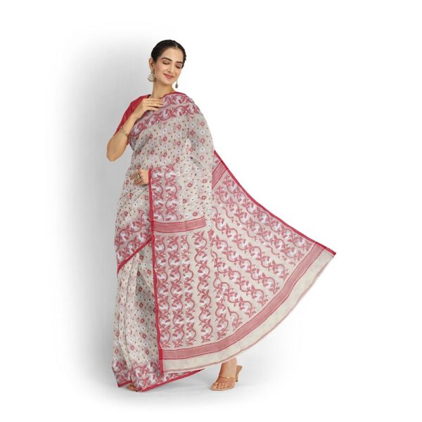 Off White Cotton Dhakai Jamdani Saree for Durga Puja