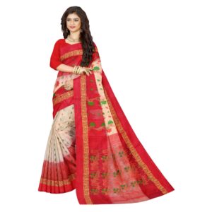 Off White and Red Tussar Silk Tat Banarasi Sari with Zari Work