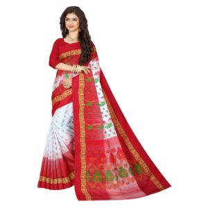 Traditional White and Red Bengali Tussar Silk Tant Banarasi Saree