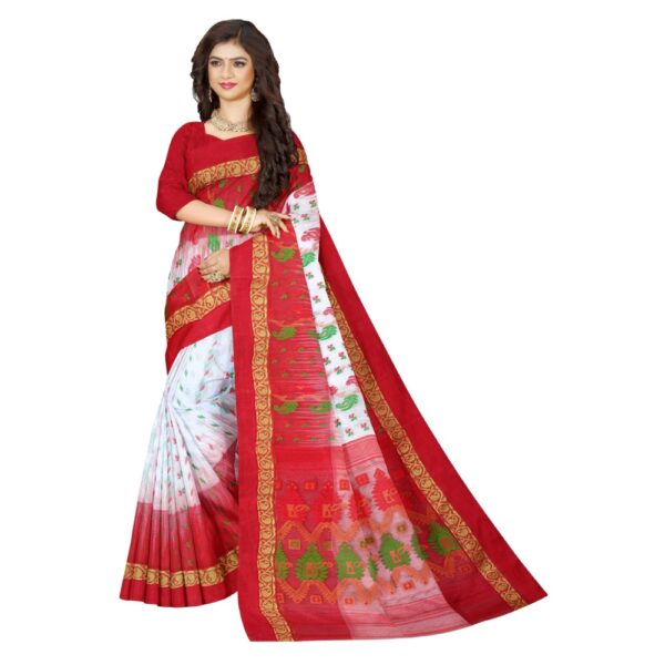 White Tant Banarasi Saree with red Border