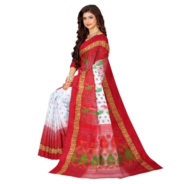 White Tant Banarasi Saree with red Border