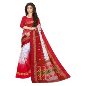 Red and White Pure Tussar Silk Tant Banarasi Saree with Zari Border