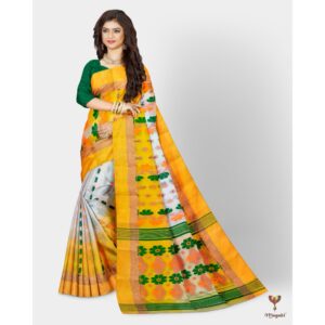 White and Yellow Tussar Silk Tant Banarasi Saree