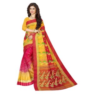 Yellow and Red Tussar Silk Tant Saree with Zari work