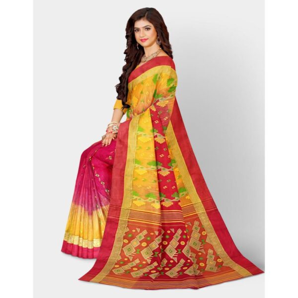 Yellow and Red Tussar Silk Tant Banarasi Sari