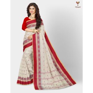 Off White and Red 100% Pure Cotton Bengali Tant Saree