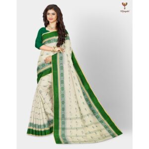 Off White and Green 100% Pure Cotton Bengali Tant Saree