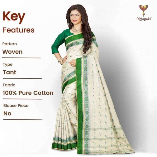 Off White and Green Cotton Sari