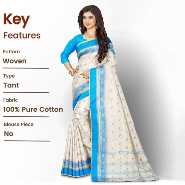 White Bengali Pure Cotton Fulia Tant Saree with Blue Border