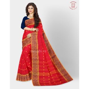 Red Color Pure Cotton Tant Saree with Floral Border