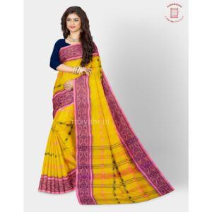 Yellow Pure Cotton Saree with Pink Border