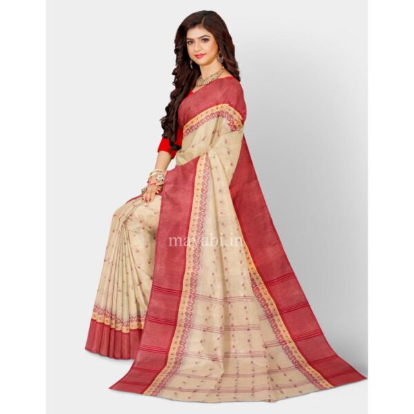 Off White and Red Bengali Cotton Tant Sari