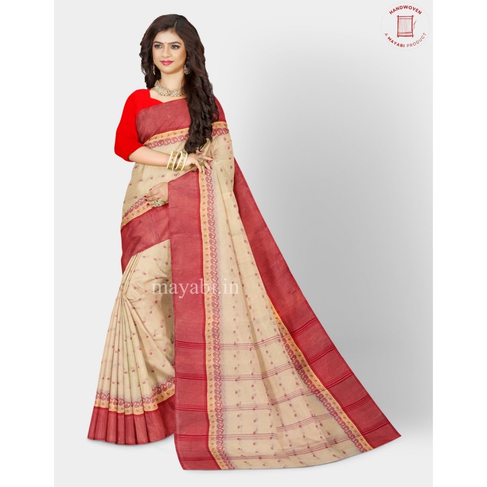 Off White and Red Bengali Cotton Tant Sari