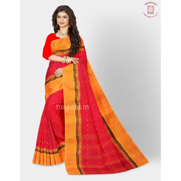 Red Color Cotton Sari with Orange Border
