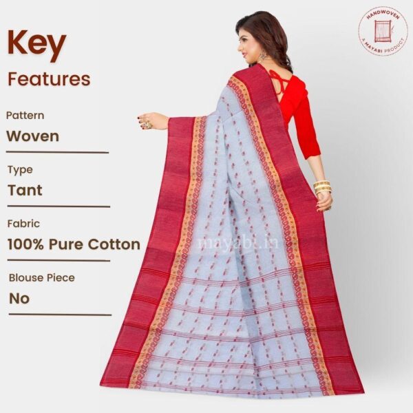 White and Red Cotton Bengali Tant Sari