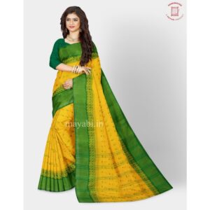 Yellow 100% Pure Cotton Saree with Green Border