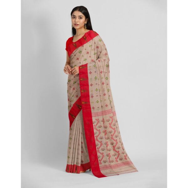 Pure Cotton Bengali Tant Baluchari Saree Off - White and Red