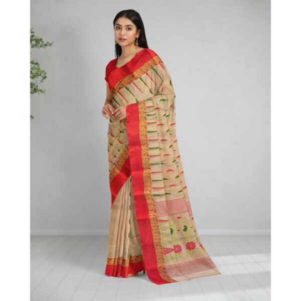 Off White Tussar Silk Tant Saree with Zari Work