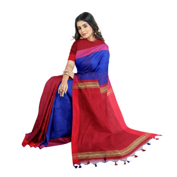 Blue and Red Bengali Silk Handloom Sari Patli Pallu 1