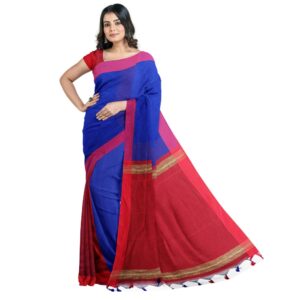 Blue and Red Bengali Silk Handloom Sari Patli Pallu