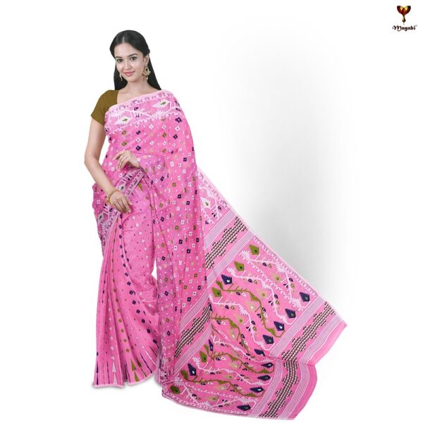 Pink Dhakai Jamdani Saree with Korat Work All Over Starched