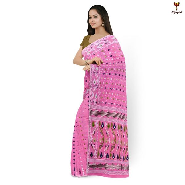 Pink Dhakai Jamdani Saree with Korat Work All Over Starched