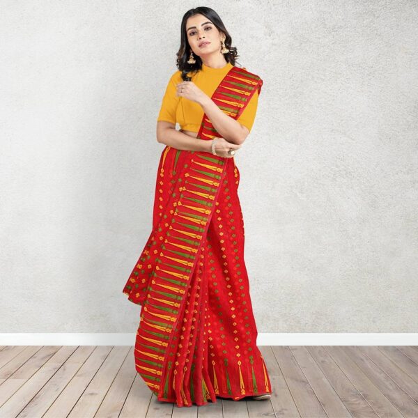 Red Jamdani Saree with Temple Border