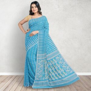 Sky Blue Cotton Silk Jamdani Saree with Temple Border