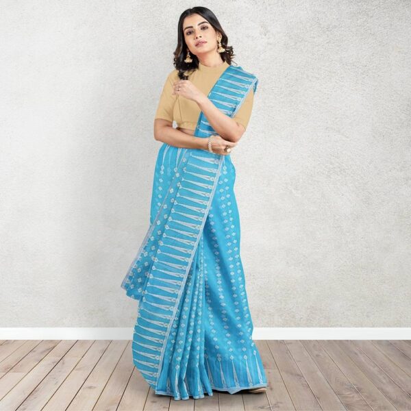 Sky Blue Cotton Silk Jamdani Saree with Temple Border