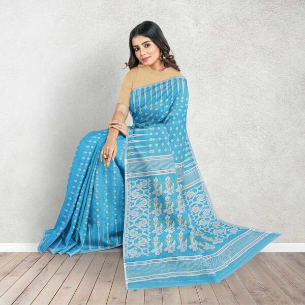 Sky Blue Cotton Silk Jamdani Saree with Temple Border