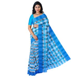 White and Blue Cotton Printed Saree for Daily Use