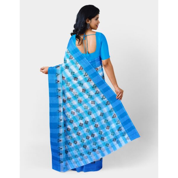 White and Blue Cotton Printed Saree for Daily Use