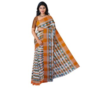White and Orange Cotton Printed Saree for Daily Use