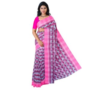 White and Pink Cotton Printed Saree for Daily Use