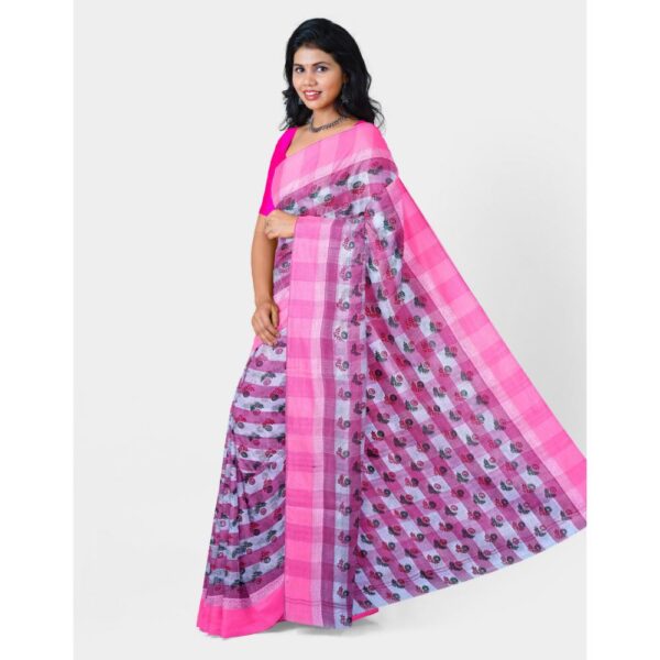 White and Pink Cotton Printed Saree for Daily Use