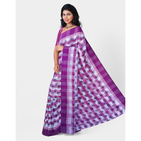 White and Purple Cotton Printed Saree for Daily Use